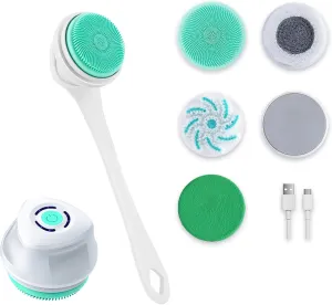 Electric Back Scrubber with Five Body Brush Head, Rechargeable ; Detachable Long Handle (White)
