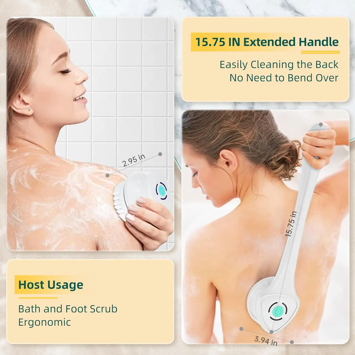 Electric Back Scrubber with Five Body Brush Head, Rechargeable ; Detachable Long Handle (White)