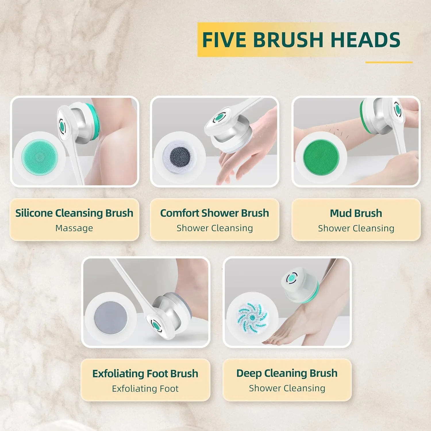 Electric Back Scrubber with Five Body Brush Head, Rechargeable ; Detachable Long Handle (White)