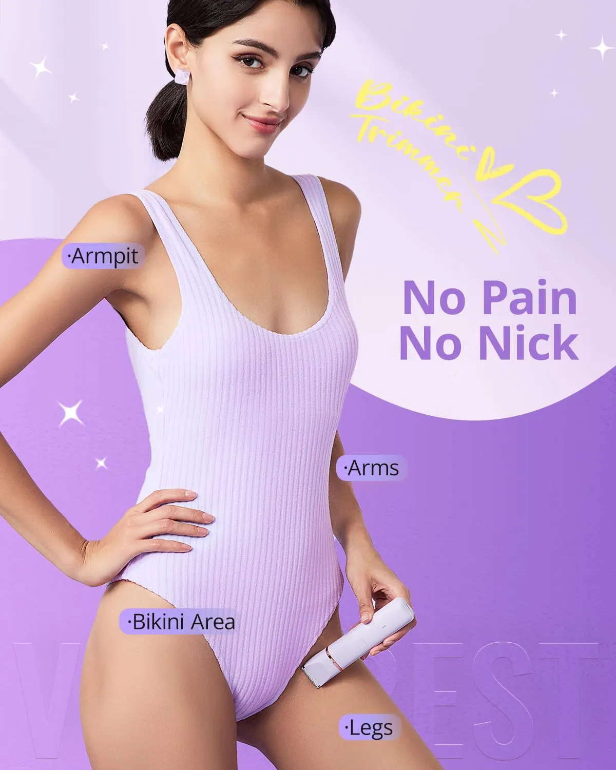 Electric Bikini Trimmer: 2 in1 Body Facial Hair Remover - Painless Pubic Hair Shaver (Purple)