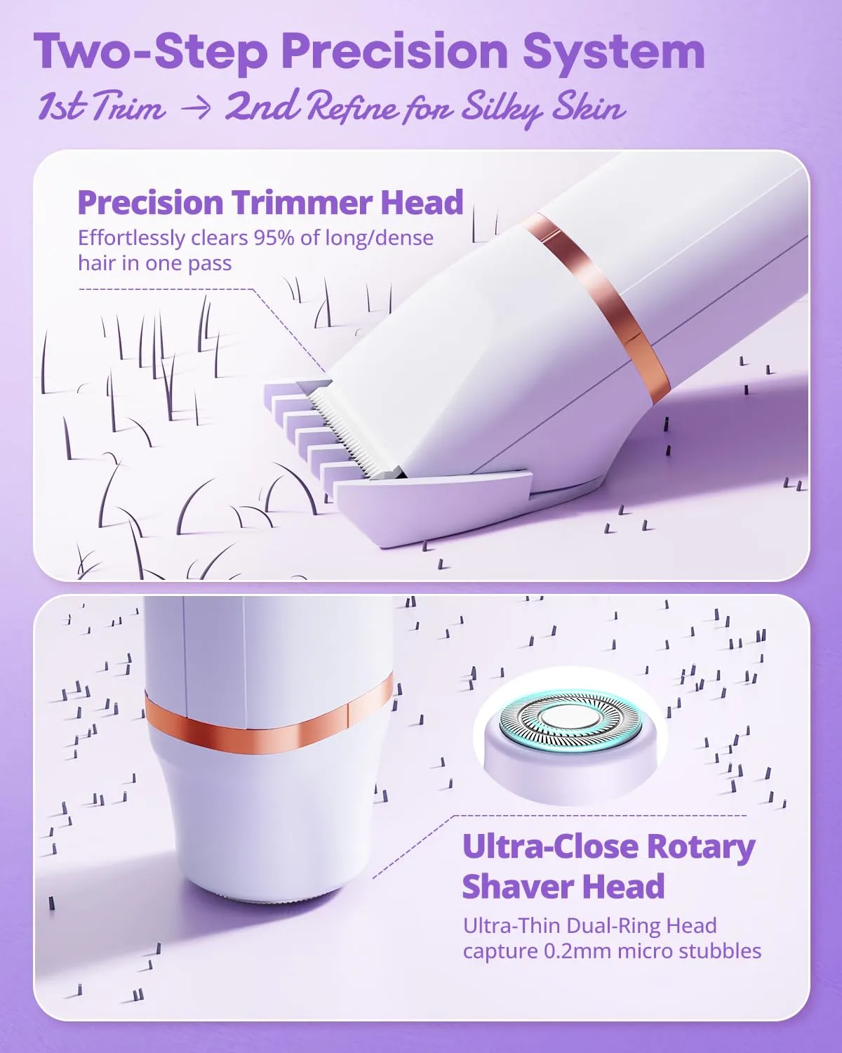 Electric Bikini Trimmer: 2 in1 Body Facial Hair Remover - Painless Pubic Hair Shaver (Purple)