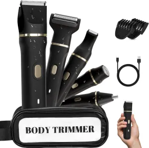 Electric Bikini Trimmer for Women, 5-in-1 Waterproof Electric Shaver, Painless Pubic Hair Trimmer for Sensitive Skin, Rechargeable Bikini Razor with Travel Case, Grooming Kit for Face & Body, Black