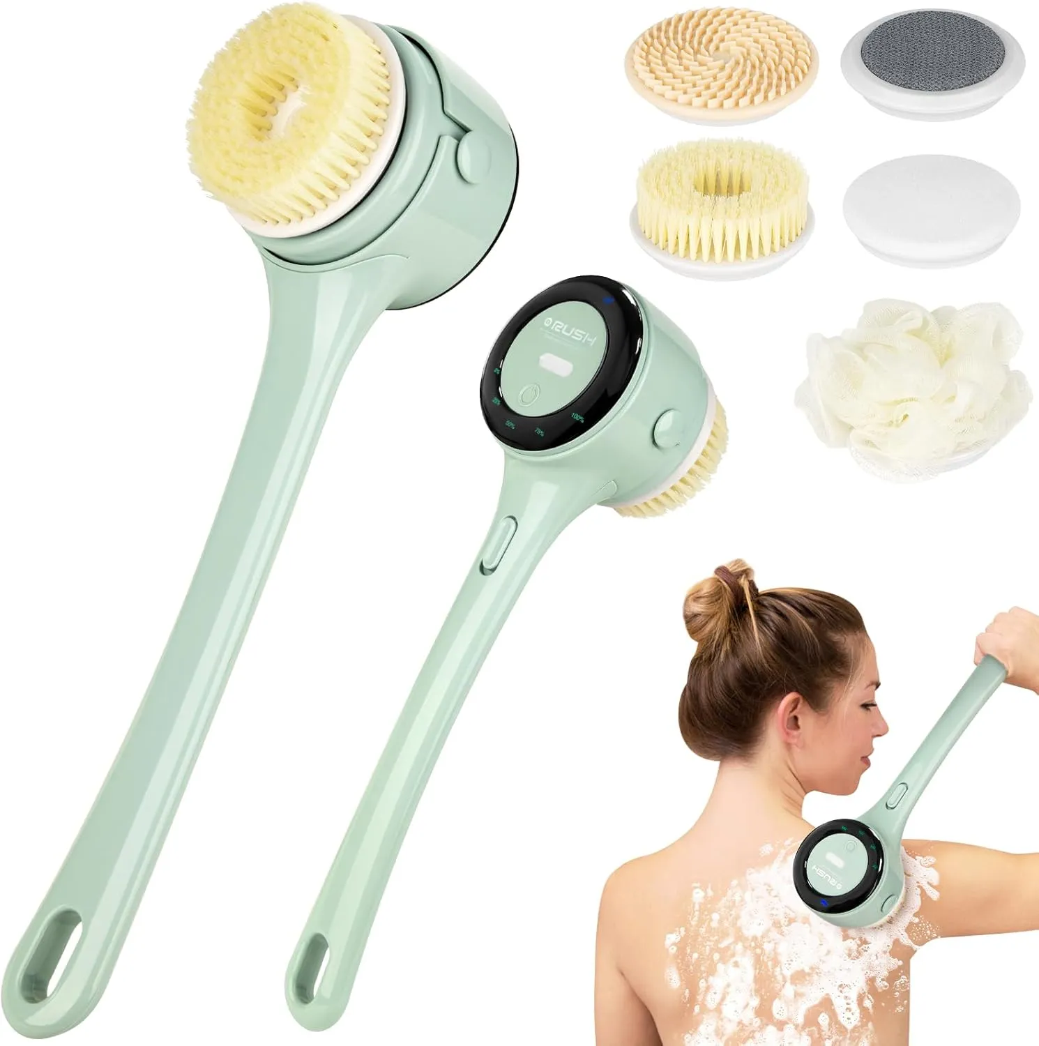 Electric Body Brush Back Scrubber for Shower, Waterproof Long Handle Body Scrubber with 5 Heads, Rechargeable Auto Spinning Bath Brush & 4 Speeds, for Deep Cleansing, Exfoliating, Massaging - Green