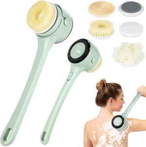 Electric Body Brush Back Scrubber for Shower, Waterproof Long Handle Body Scrubber with 5 Heads, Rechargeable Auto Spinning Bath Brush & 4 Speeds, for Deep Cleansing, Exfoliating, Massaging - Green