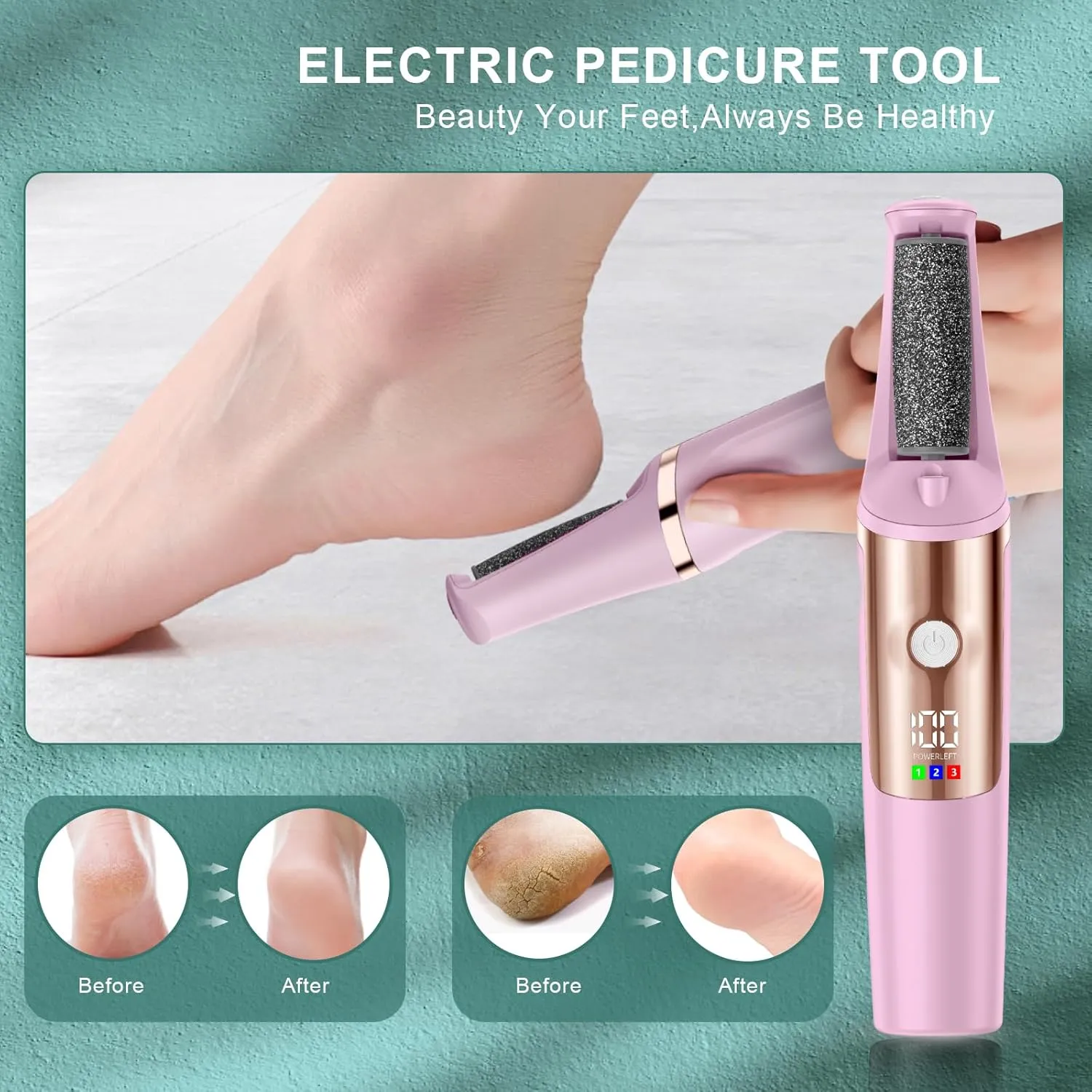 Electric Callus Remover for Feet, Professional Pedicure Tools Foot Care Kit, Foot Scrubber Electric Feet File Smooth Pedi Wand for Hard Cracked Dry Dead Skin, 3 Rollers, 3 Speeds,Ideal Gift
