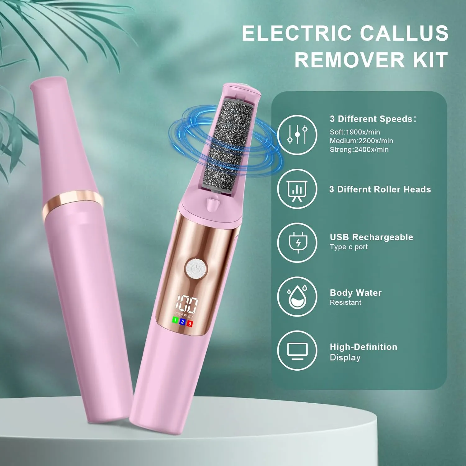 Electric Callus Remover for Feet, Professional Pedicure Tools Foot Care Kit, Foot Scrubber Electric Feet File Smooth Pedi Wand for Hard Cracked Dry Dead Skin, 3 Rollers, 3 Speeds,Ideal Gift
