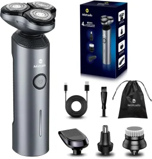 Electric Razor for Men, 4-in-1 Face Rechargeable Shaver Kit, Cordless Waterproof Rotary Razors with Travel Beard Trimmer, Nose Trimmer and Face Cleaning Brush (Gray)