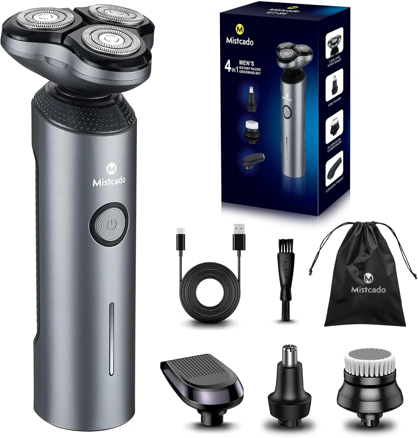 Electric Razor for Men, 4-in-1 Face Rechargeable Shaver Kit, Cordless Waterproof Rotary Razors with Travel Beard Trimmer, Nose Trimmer and Face Cleaning Brush (Gray)