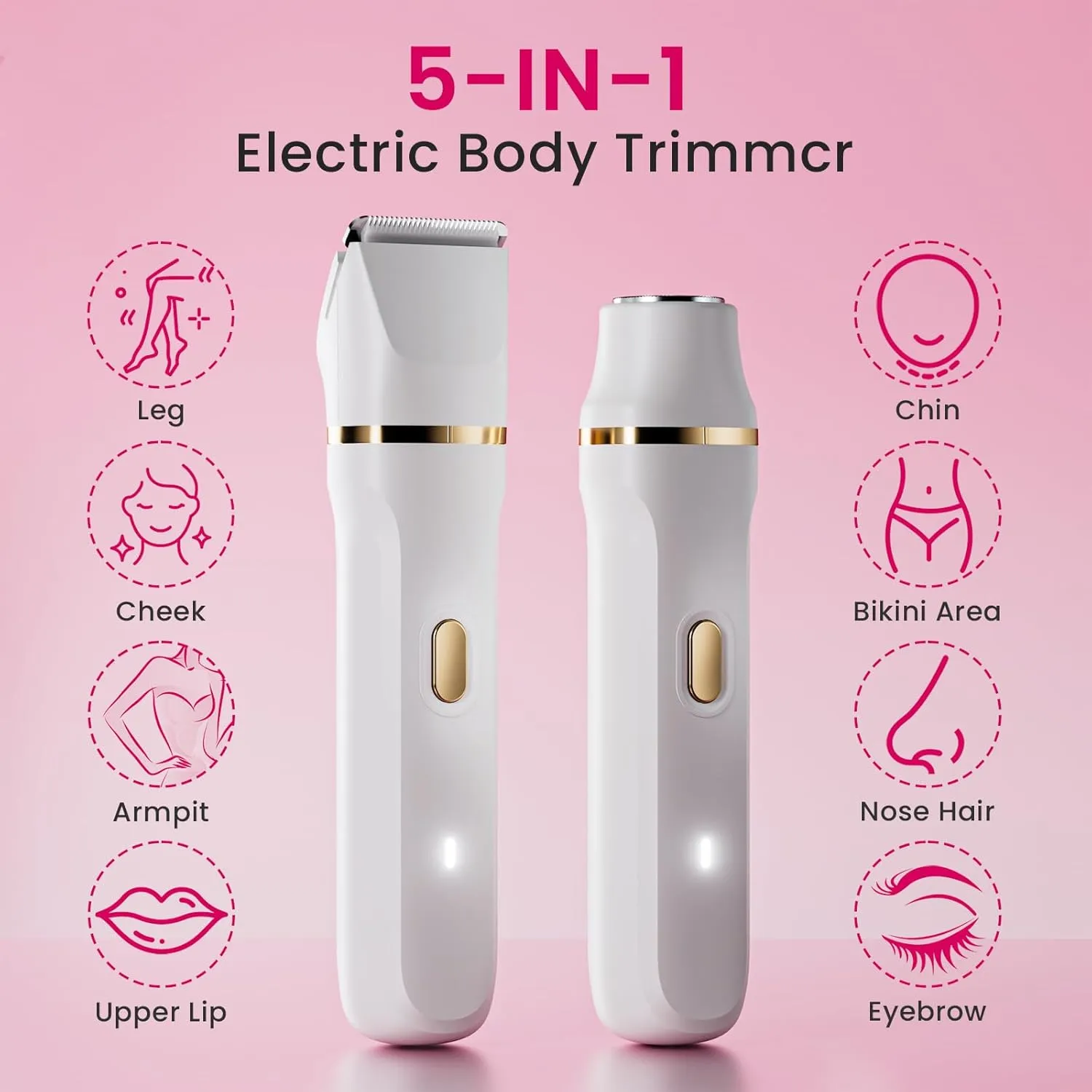 Electric Razors for Women, 5-in-1 Wet/Dry Bikini Trimmer with USB Charge Dock, Deluxe Facial Hair Removal, Wet/Dry Body Shaver for Nose Eyebrows Beard Underarm Leg Arm, IPX7 Waterproof (White)