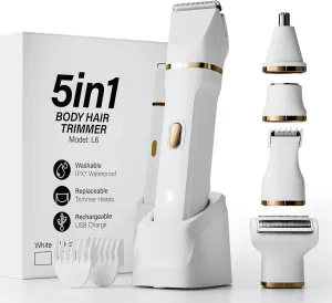 Electric Razors for Women, 5-in-1 Wet/Dry Bikini Trimmer with USB Charge Dock, Deluxe Facial Hair Removal, Wet/Dry Body Shaver for Nose Eyebrows Beard Underarm Leg Arm, IPX7 Waterproof (White)