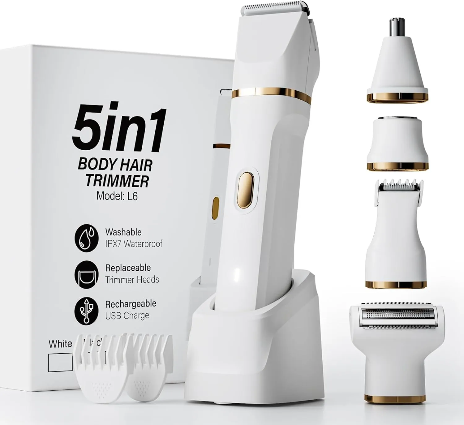 Electric Razors for Women, 5-in-1 Wet/Dry Bikini Trimmer with USB Charge Dock, Deluxe Facial Hair Removal, Wet/Dry Body Shaver for Nose Eyebrows Beard Underarm Leg Arm, IPX7 Waterproof (White)