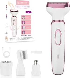 Electric Razors for Women, Bikini Trimmer 4-in-1 Rechargeable Shaver for Face, Legs, Underarms, Pubic Hair – Wet/Dry Use, Painless Hair Removal