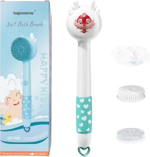 Electric Shower Back Scrubber with Long Handle for Baby,Automatic Shower Body Scrubber with 3 Replacement Brush Heads for Efficient Cleaning,Rechargeable&Waterproof Shower Brush for Body,White Blue