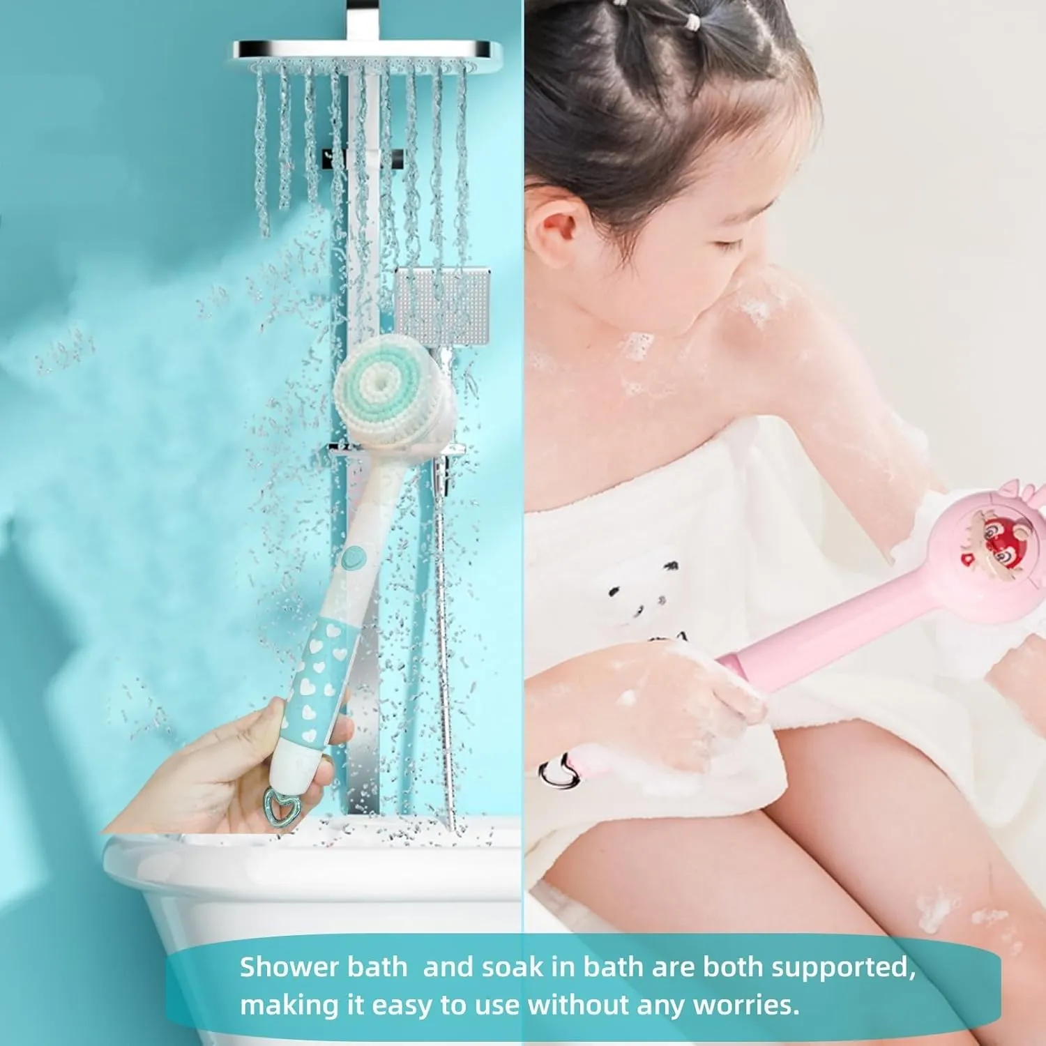 Electric Shower Back Scrubber with Long Handle for Baby,Automatic Shower Body Scrubber with 3 Replacement Brush Heads for Efficient Cleaning,Rechargeable&Waterproof Shower Brush for Body,White Blue