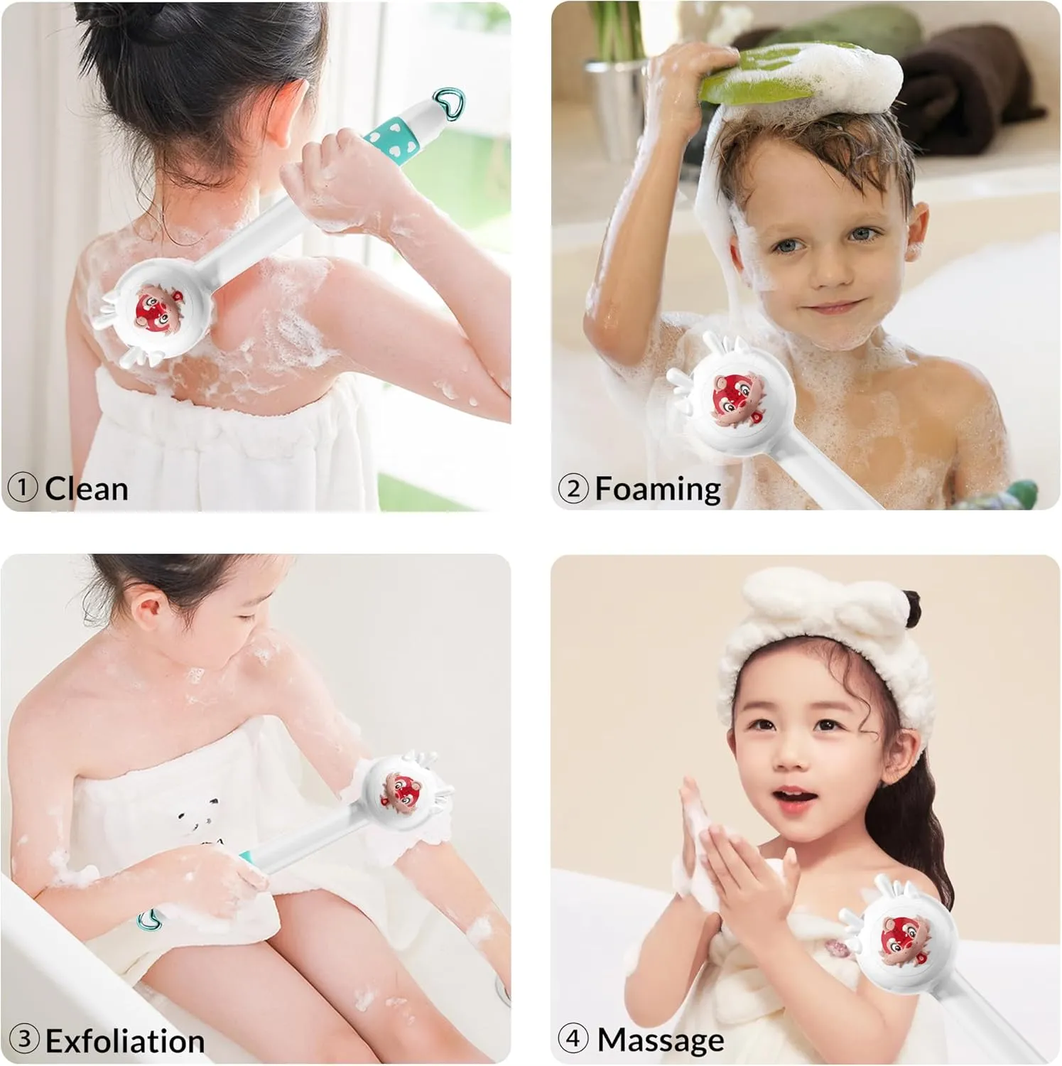 Electric Shower Back Scrubber with Long Handle for Baby,Automatic Shower Body Scrubber with 3 Replacement Brush Heads for Efficient Cleaning,Rechargeable&Waterproof Shower Brush for Body,White Blue