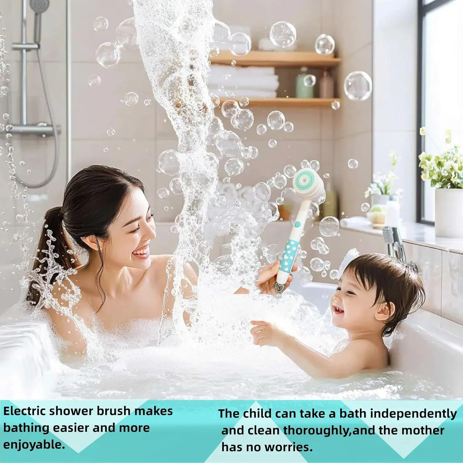 Electric Shower Back Scrubber with Long Handle for Baby,Automatic Shower Body Scrubber with 3 Replacement Brush Heads for Efficient Cleaning,Rechargeable&Waterproof Shower Brush for Body,White Blue