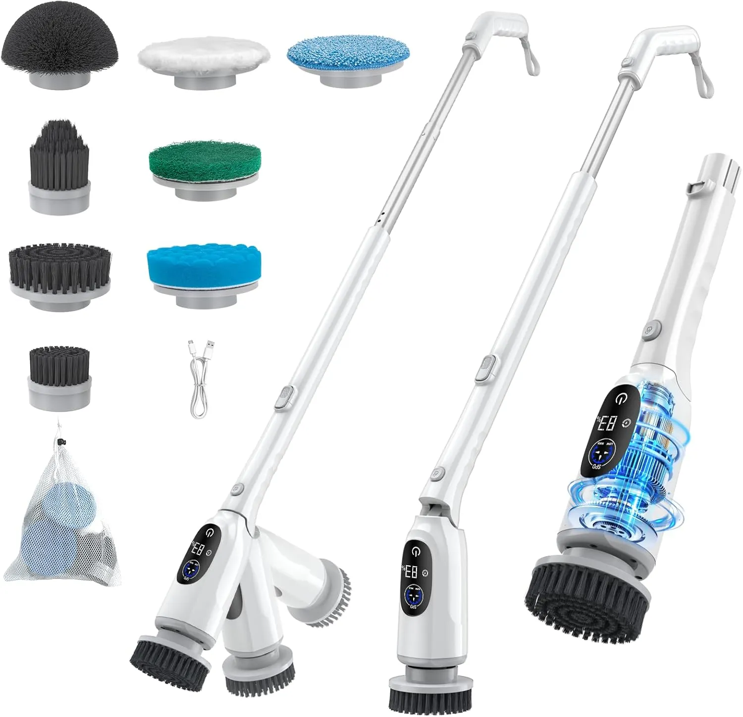Electric Spin Scrubber, 2025 Upgraded Cordless Bathroom Scrubber, Aluminum Alloy Telescopic Handle, IPX7 Bathtub Electric Cleaning Tool, 3 Speeds Shower Cleaner Brush, 8 Brush Heads, LED Display