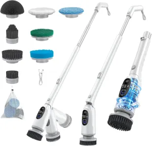 Electric Spin Scrubber, 2025 Upgraded Cordless Bathroom Scrubber, Aluminum Alloy Telescopic Handle, IPX7 Bathtub Electric Cleaning Tool, 3 Speeds Shower Cleaner Brush, 8 Brush Heads, LED Display