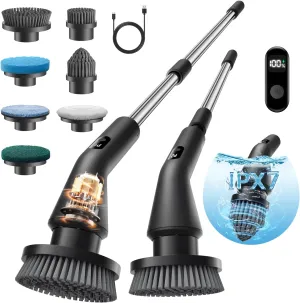 Electric Spin Scrubber, Cordless Cleaning Brush Scrubber for Home, IPX7 Waterproof Power Scrubber with 7 Brush Heads, 3 Adjustable Size and 2 Rotating Speeds for Bathroom Shower Bathtub Glass Car