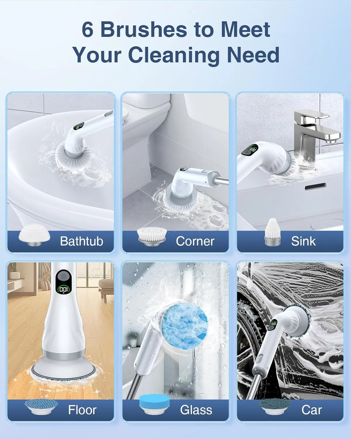 Electric Spin Scrubber, Dual Speeds Shower Cleaning Brush with 6 Replaceable Brush Heads and Display, Bathroom Scrubber Electric with Adjustable & Detachable Handle for Bathroom Shower Bathtub
