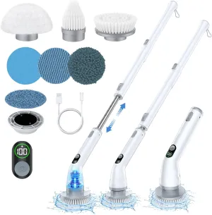 Electric Spin Scrubber, Dual Speeds Shower Cleaning Brush with 6 Replaceable Brush Heads and Display, Bathroom Scrubber Electric with Adjustable & Detachable Handle for Bathroom Shower Bathtub