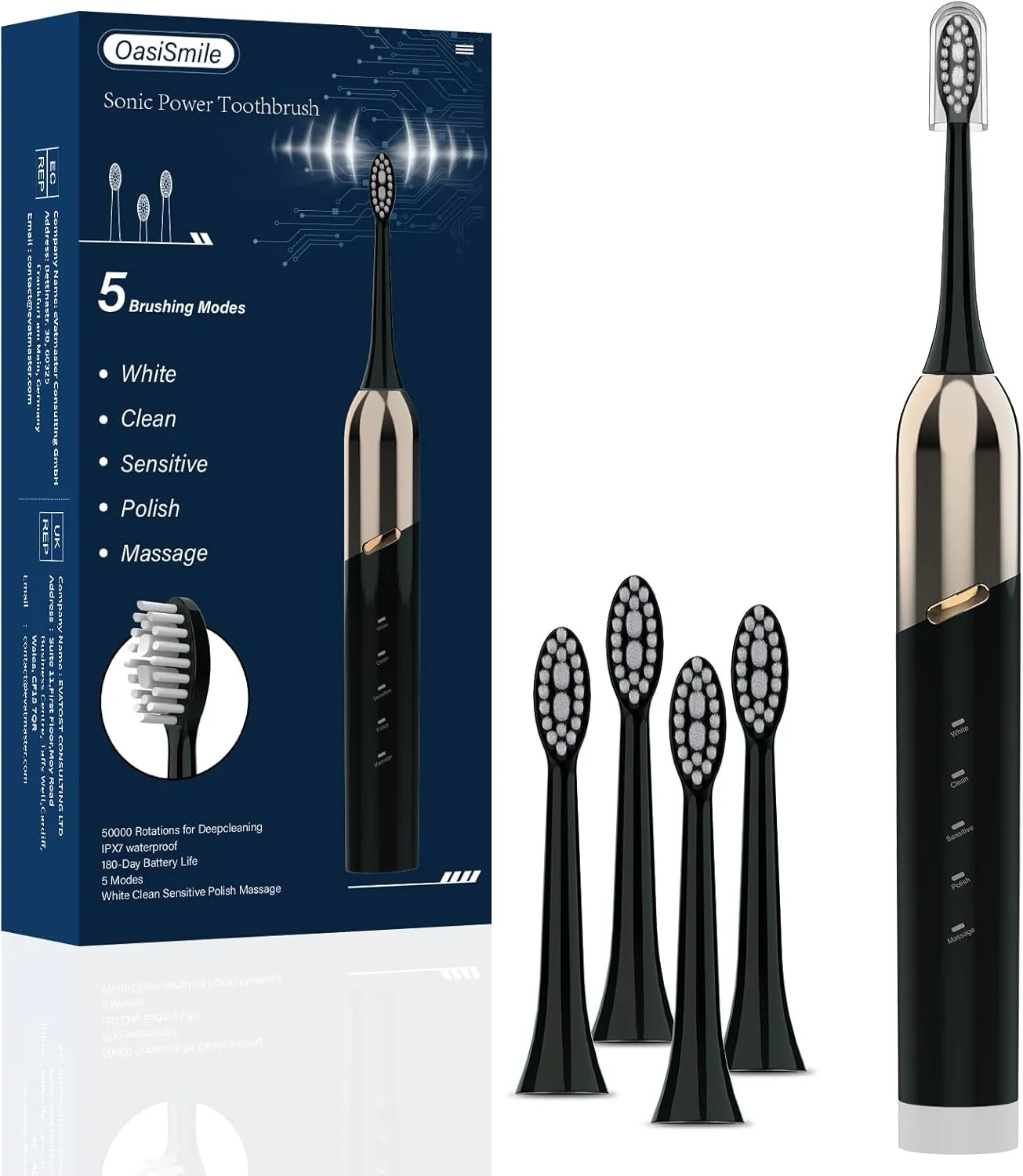 Electric Toothbrush for Adults and Teen, Travel Sonic Toothbrush with 4 Duponts Brush Heads, 5 Modes, 2.5H Fast Charge for 180 Days, 50000 VPM Rechargeable Toothbrushes, Built-in 2 Minutes Smart Timer