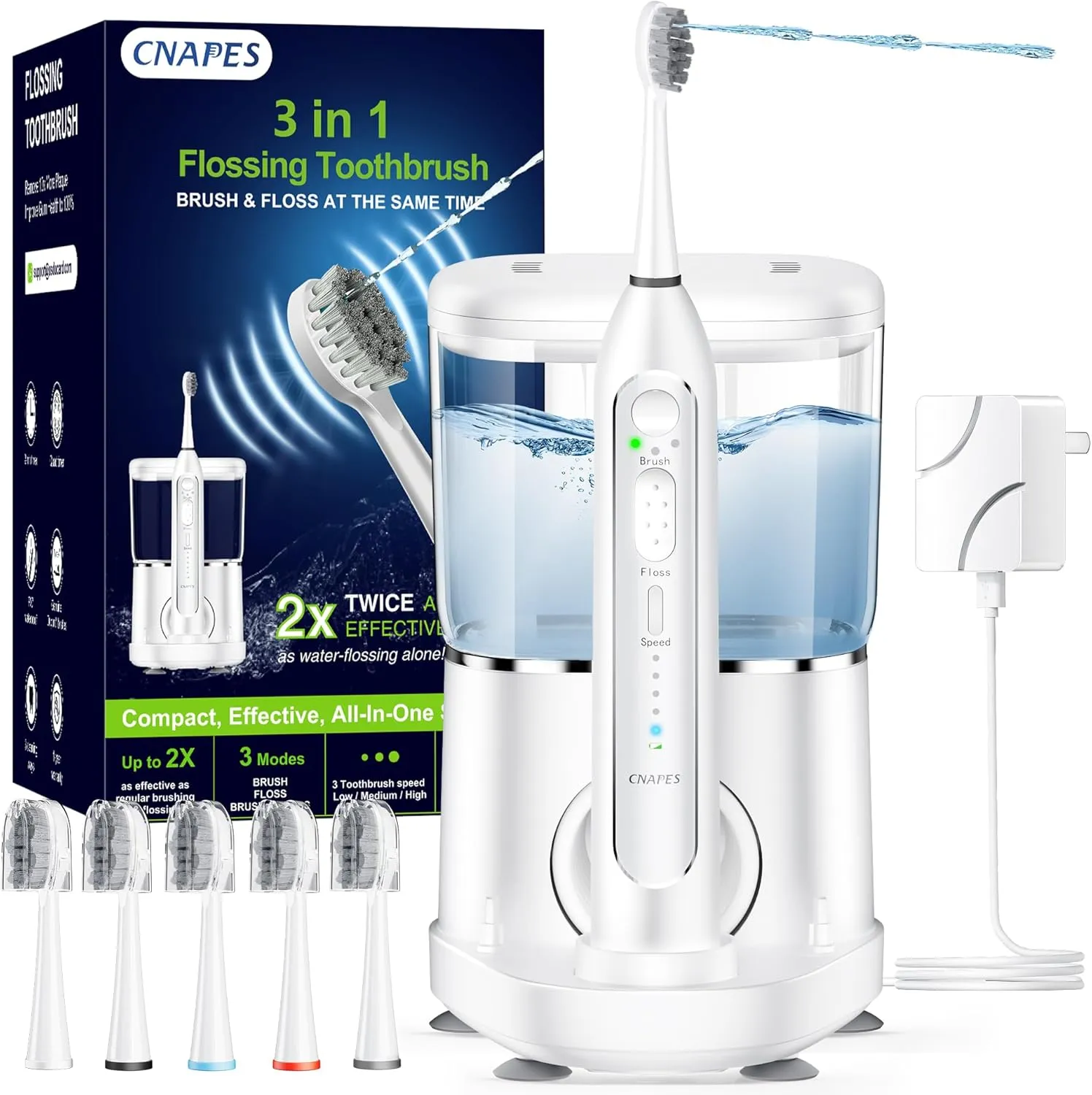 Electric Toothbrush with Water Flosser Combo in One,2 in 1 Professional Sonic Flossing Toothbrush for Teeth Cleaning, 3 Modes & 5 Floss Speed, Rechargeable&Portable,Wireless Cleaning Kit for Adults