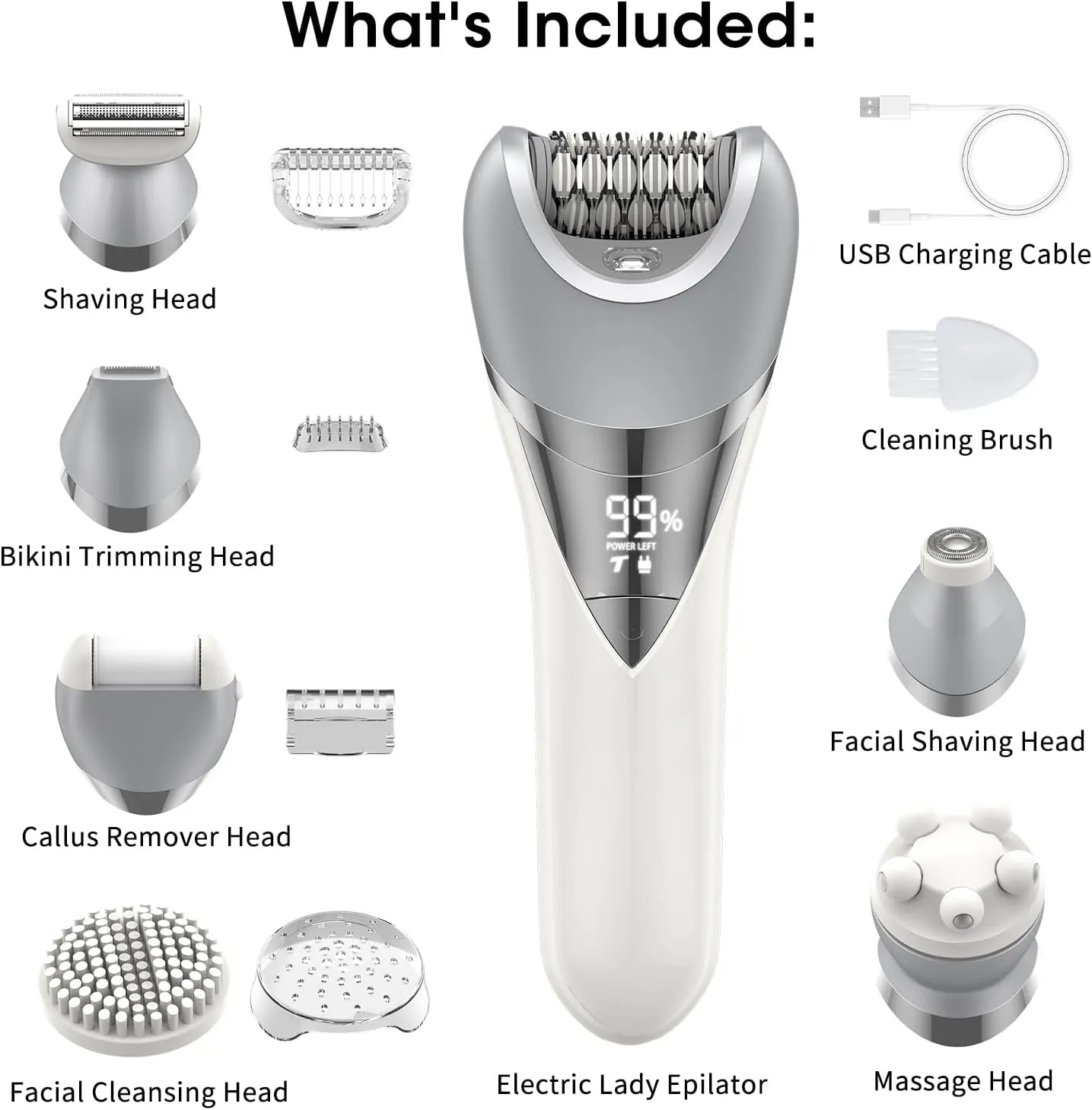 Epilator for Women, 7 in 1 Epilator Hair Removal for Women, Shaver, Bikini, Face Razor, Facial Brush, Face Massage and Body Exfoliator, IPX6 Waterproof Painless Lady Shaver Wet & Dry (White)