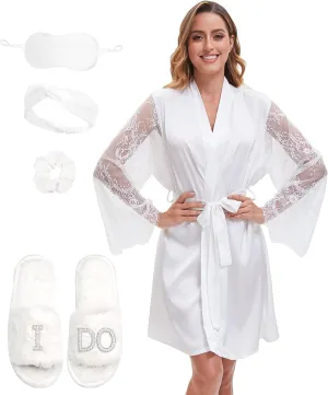 EPLAZA 5Pcs Bride Robe for Wedding Day Set Bridal Robe with Eye Mask Lace Sleeve Wedding Robe for Bridal Bachelor Party