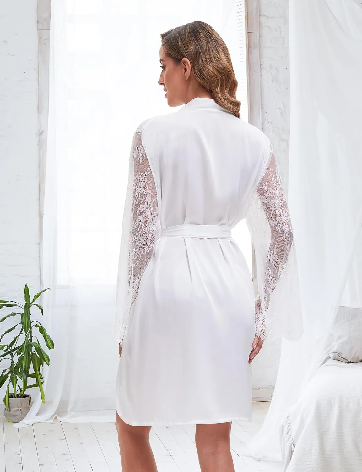 EPLAZA 5Pcs Bride Robe for Wedding Day Set Bridal Robe with Eye Mask Lace Sleeve Wedding Robe for Bridal Bachelor Party