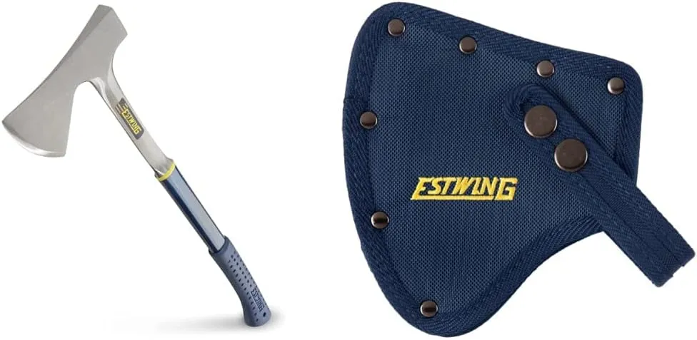 ESTWING Camper's Axe - 26" Wood Splitting Tool with All Steel Construction & Shock Reduction Grip - E45A and NO.9 Blue Replacement Sheath For E45A & E44A