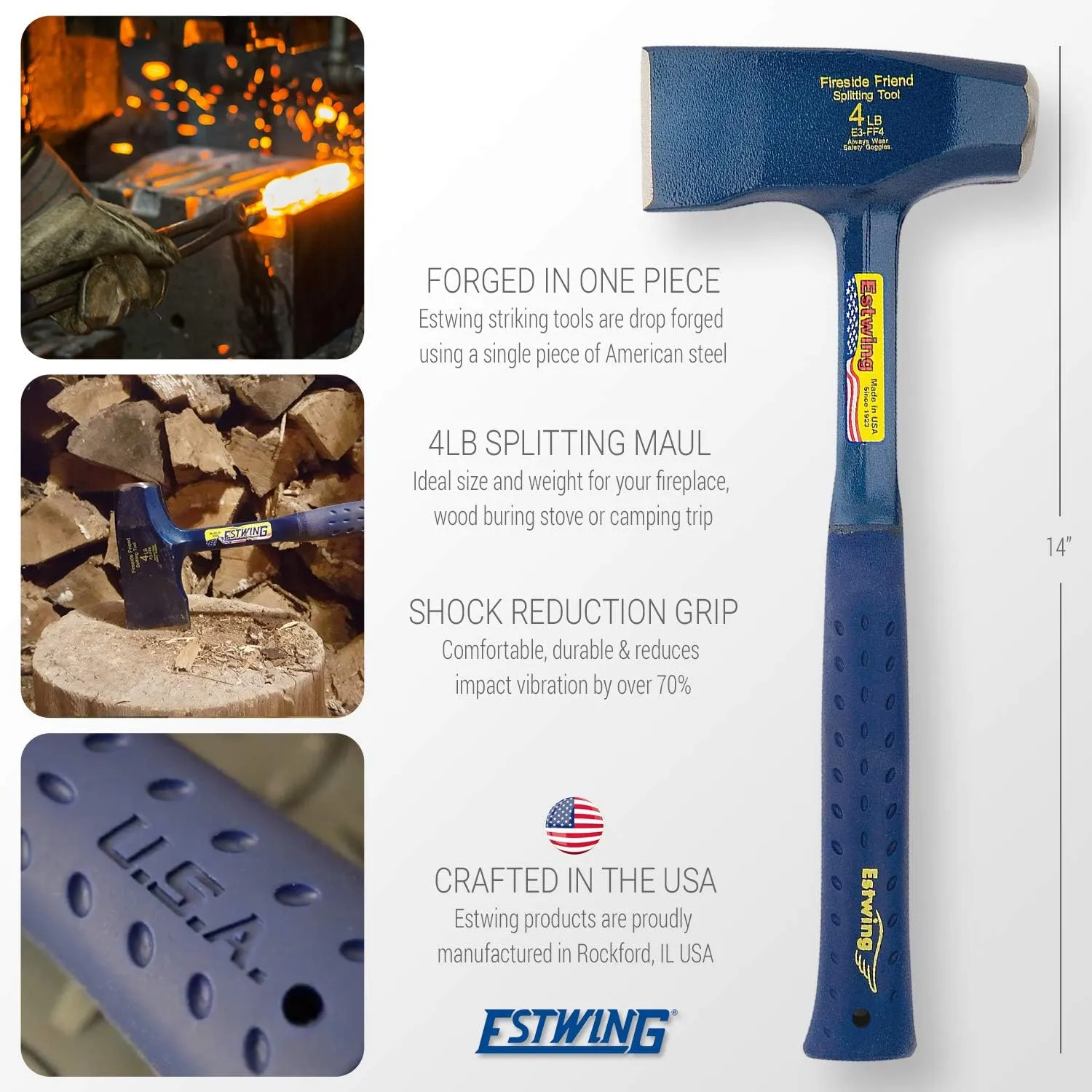 ESTWING Fireside Friend Axe - 14" Wood Splitting Maul Bundle with Estwing E-5 5 Lb Sure Split Wedge