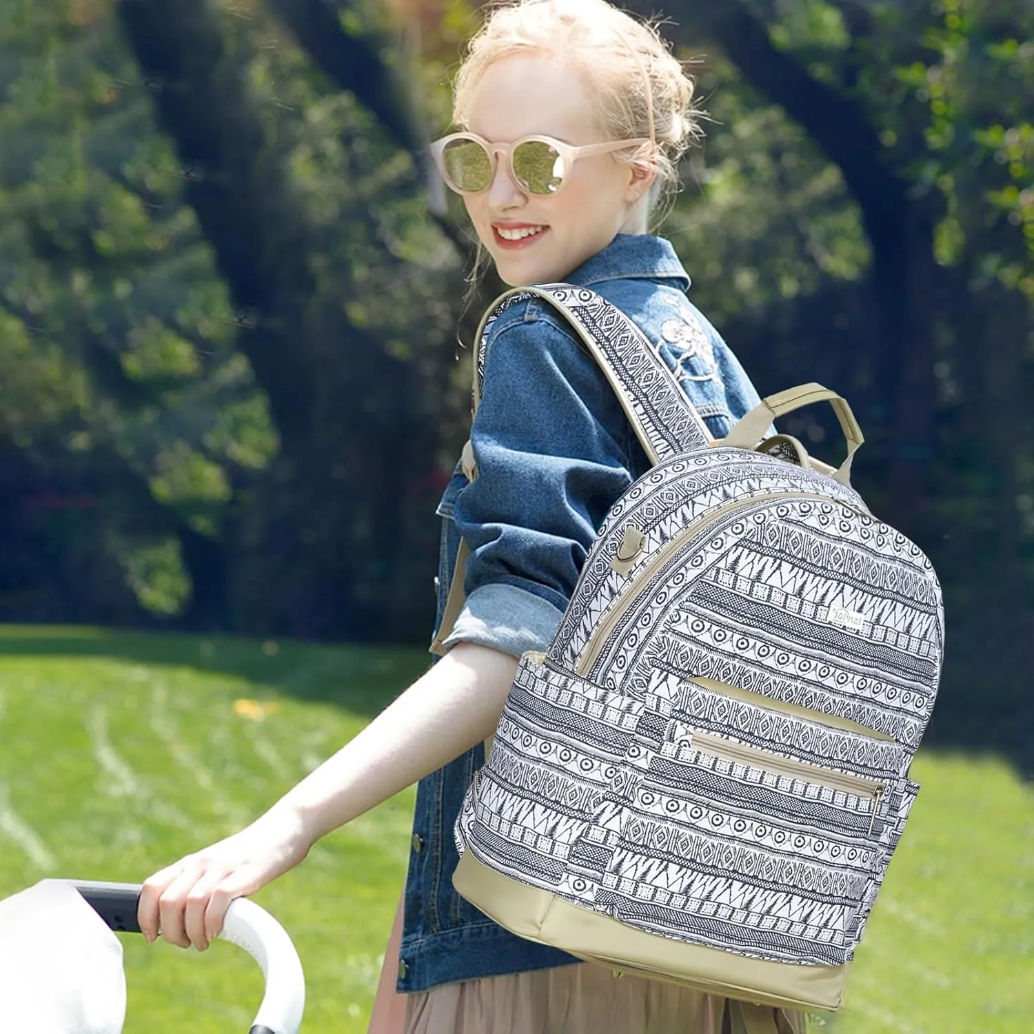 Ethnic Diaper Bag Backpack Large Capacity Travel Nappy Changing Bag Mummy Bag with Changing Mat & Stroller Straps(Boho Black & White)
