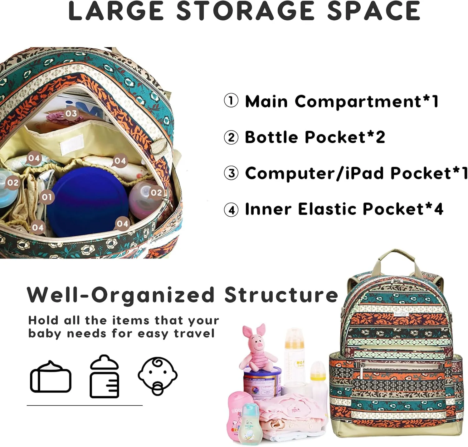 Ethnic Diaper Bag Backpack Large Capacity Travel Nappy Changing Bag Mummy Bag with Changing Mat & Stroller Straps(Boho Black & White)