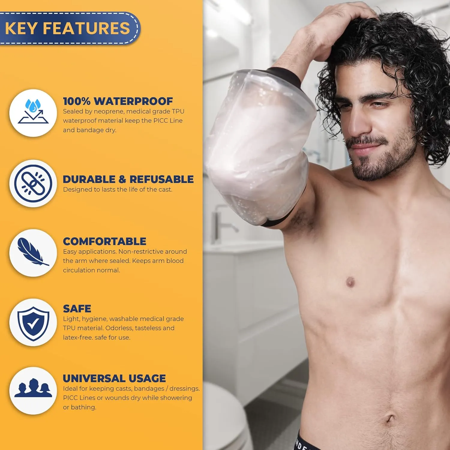 EXQUISITO PICC Line Shower Cover | Available in 5 Sizes | Reusable IV PICC Line Sleeve | Waterproof Arm Sleeve For Elbow Wound, Injury Dressings | PICC Line Covers for Upper Arm (Large)