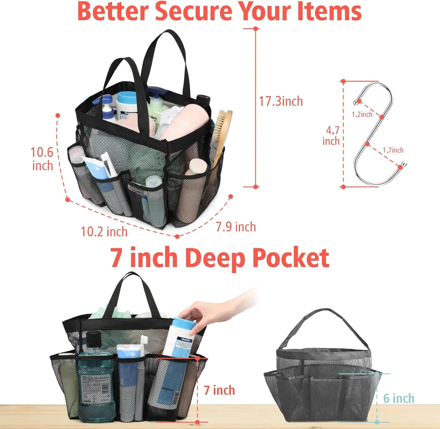 F-color Mesh Shower Caddy Portable, Upgrade Deeper 7 Pockets Shower Bag Basket Tote for College Dorm Room Bathroom Essentials Gym Camp Quick Dry 2 handles with S Hook, 2 Pack Black