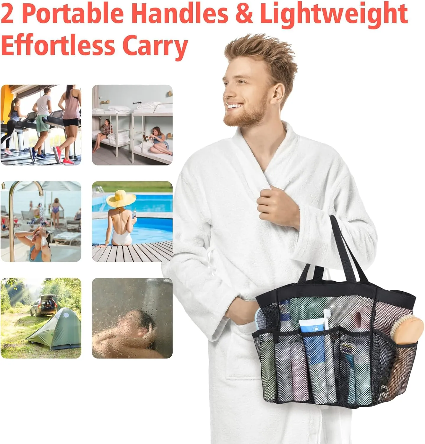 F-color Mesh Shower Caddy Portable, Upgrade Deeper 7 Pockets Shower Bag Basket Tote for College Dorm Room Bathroom Essentials Gym Camp Quick Dry 2 handles with S Hook, 2 Pack Black