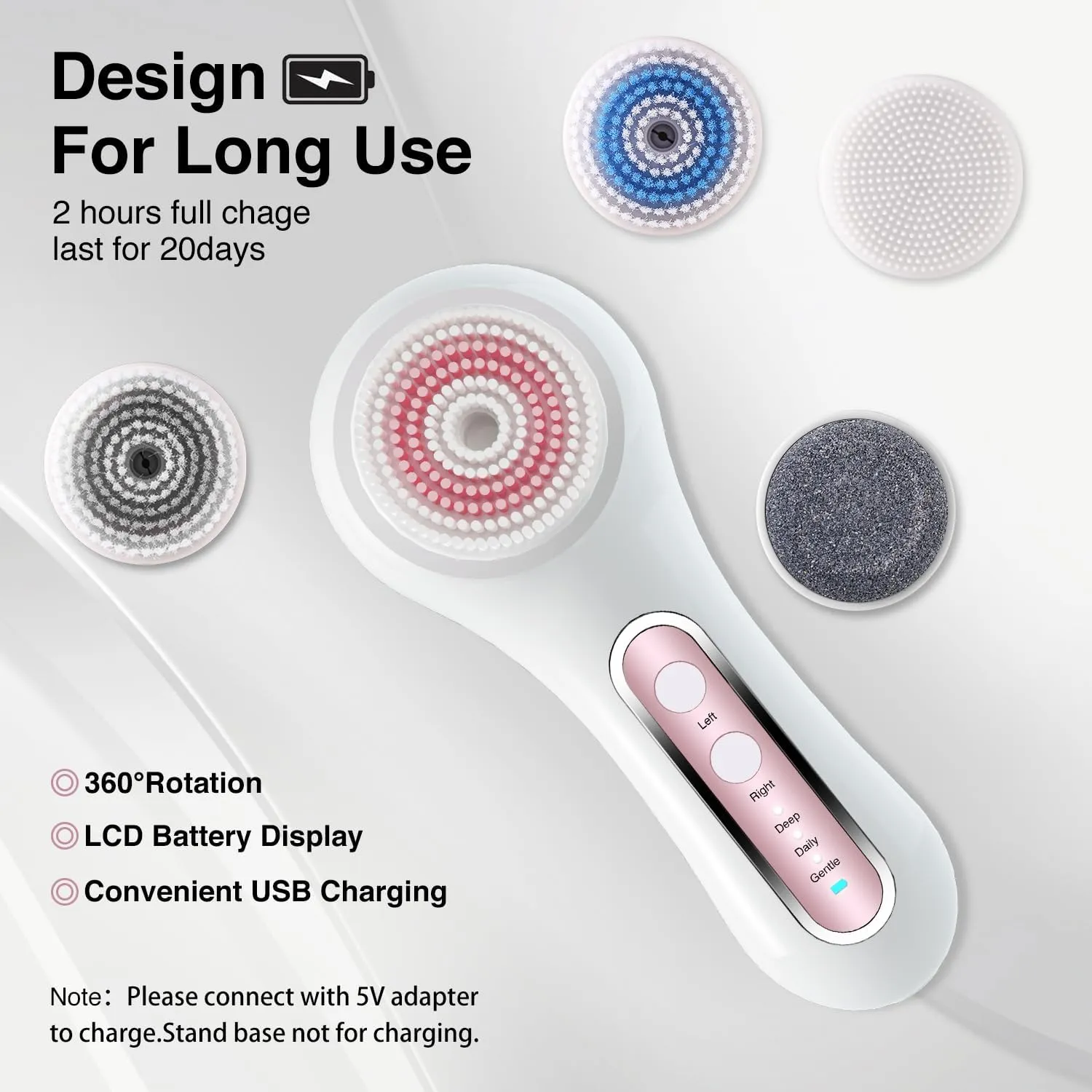 Face Scrubber Exfoliator,Facial Cleansing Brush Rechargeable IPX7 Waterproof with 5 Brush Heads,Electric Face Spin Brush for Exfoliating, Massaging and Deep Cleansing