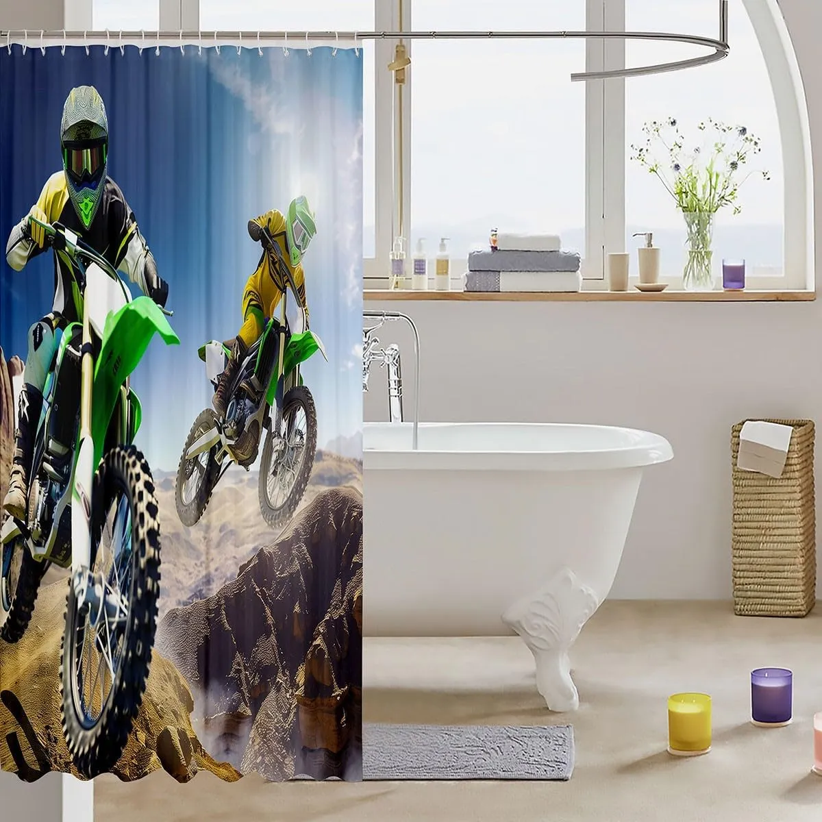 Feelyou Motocross Rider Waterproof Bath Curtain Boys Extreme Sports Theme Bathroom Curtain Dirt Bike Shower Curtain for Kids Teens Motorcycle Bathroom Accessories Stalls Decor 72"X72"