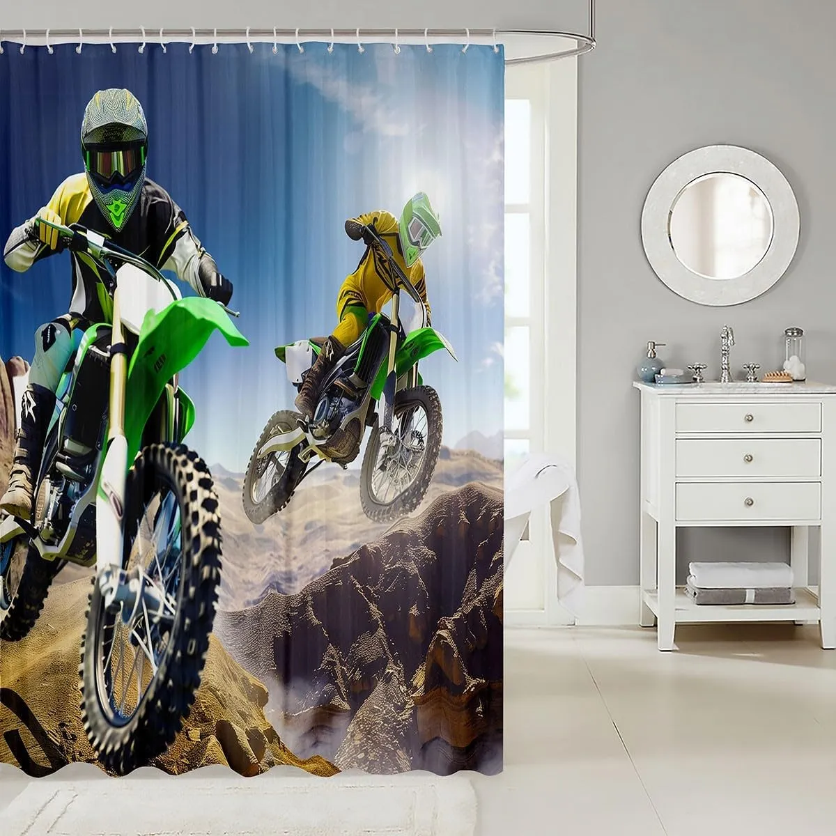 Feelyou Motocross Rider Waterproof Bath Curtain Boys Extreme Sports Theme Bathroom Curtain Dirt Bike Shower Curtain for Kids Teens Motorcycle Bathroom Accessories Stalls Decor 72"X72"