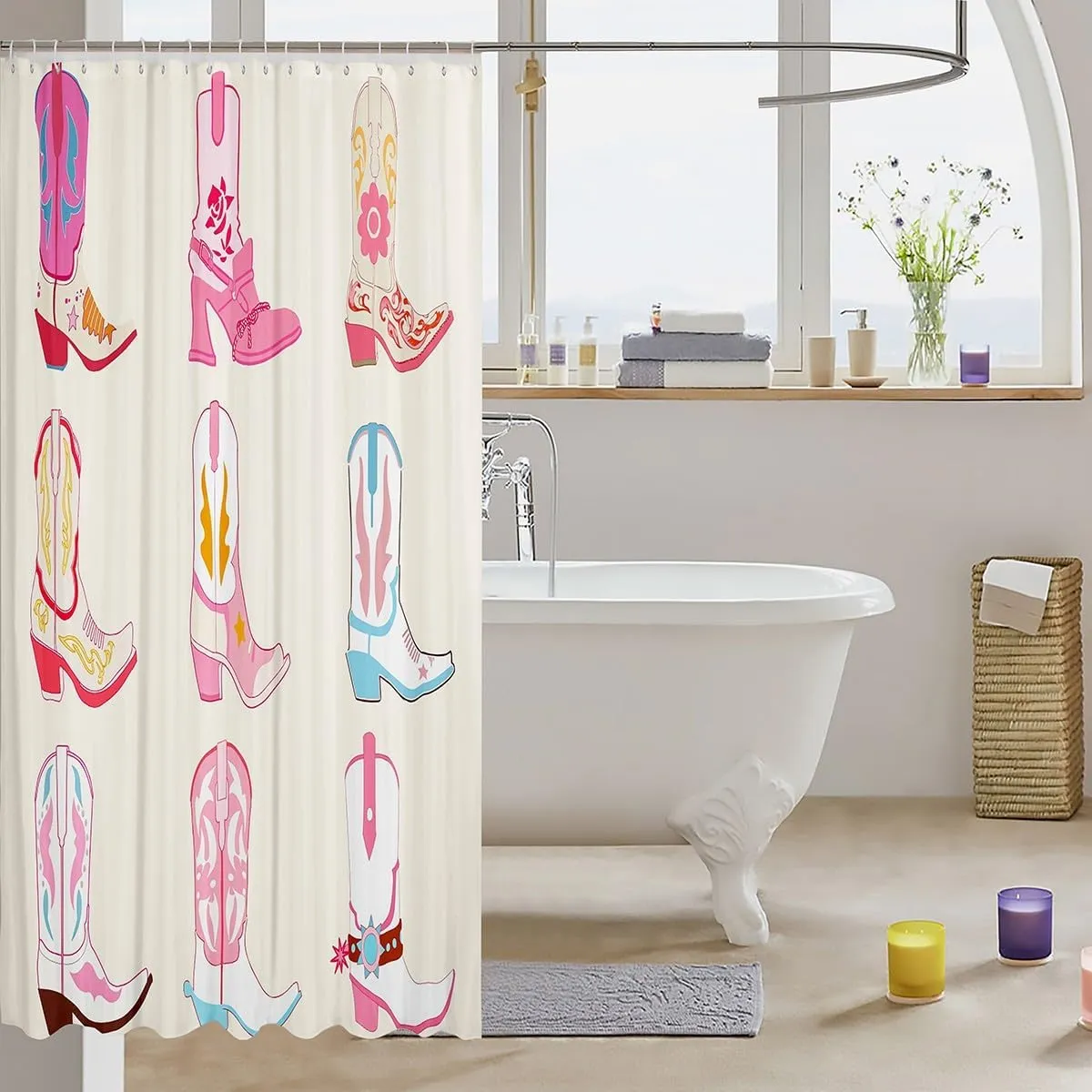 Feelyou Pink Howday Shower Curtain for Kids Boys Girls Weatern Decor Bathroom Shower Curtain Set 72"x78" Farmhouse Cowboy Riding Boots Bath Curtain Wild Western Cowboy Kids Bathroom Accessories Pink