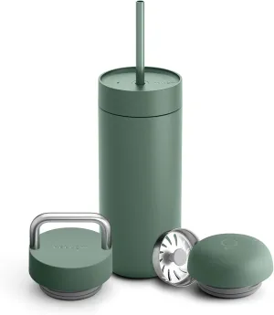 Fellow 16 oz Carter Bundle (3 in 1) Travel Mug with Carry Handle, Move & Cold Lids with Straw - To-Go Coffee Tumbler, Ceramic Interior & Vacuum-Insulated Stainless Steel - Coffee Cups-Smoke Green