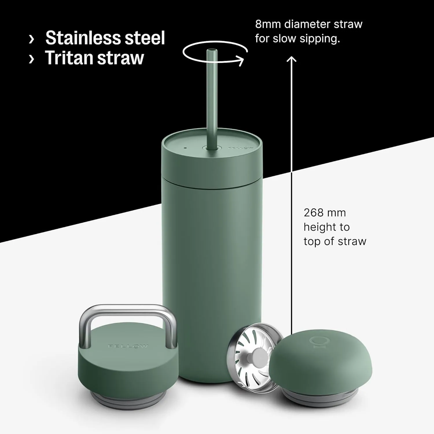 Fellow 16 oz Carter Bundle (3 in 1) Travel Mug with Carry Handle, Move & Cold Lids with Straw - To-Go Coffee Tumbler, Ceramic Interior & Vacuum-Insulated Stainless Steel - Coffee Cups-Smoke Green