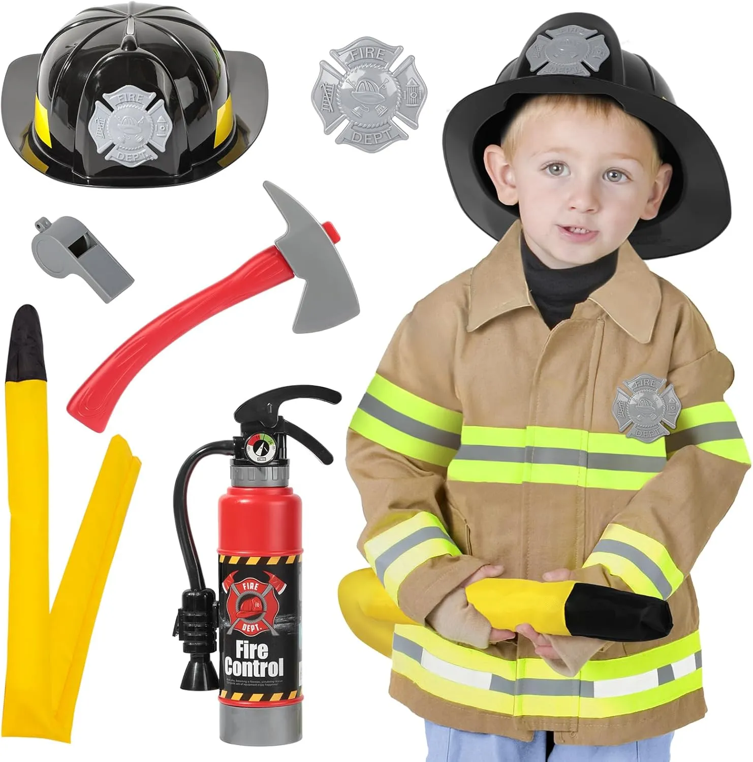 Firefighter Costume for Kids 3-5 Years, Toddler Fireman Dress Up with Fire Fighter Costume & Fire Extinguisher, Christmas Pretend Play Toy Gift for Boys Girls