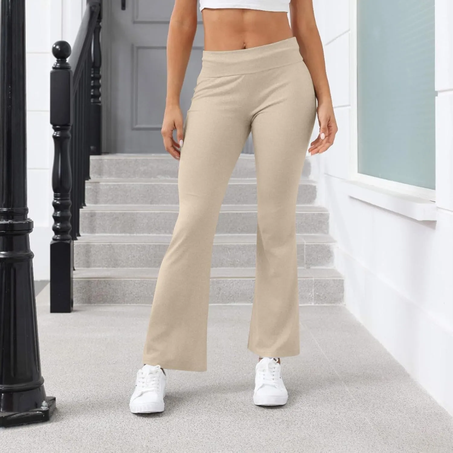 Fold Over Yoga Pants for Women Stretchy Low Rise Petite Flare Leggings Pull On Gym Athletic Workout Leggings