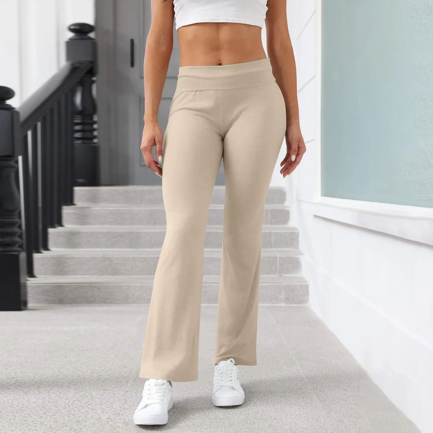 Fold Over Yoga Pants for Women Stretchy Low Rise Petite Flare Leggings Pull On Gym Athletic Workout Leggings