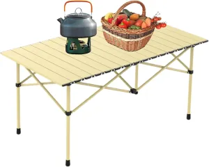 Folding Camping Table, Portable Picnic Table with Carry Bag, Lightweight Aluminum Roll-Up Design for Camping, Backpacking, Beach, BBQ, and Outdoor Parties Light Yellow 95×55×50cm/37×21×19.7in