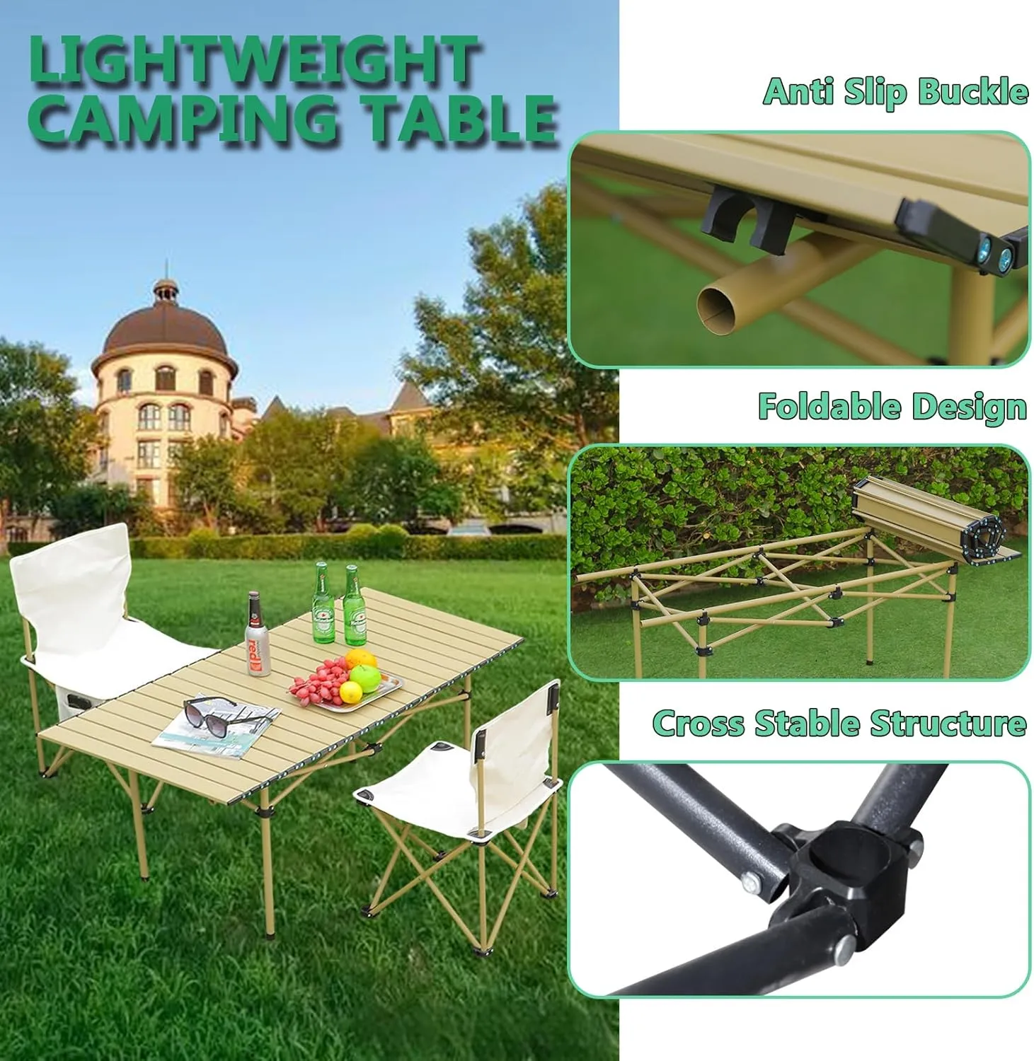 Folding Camping Table, Portable Picnic Table with Carry Bag, Lightweight Aluminum Roll-Up Design for Camping, Backpacking, Beach, BBQ, and Outdoor Parties Light Yellow 95×55×50cm/37×21×19.7in