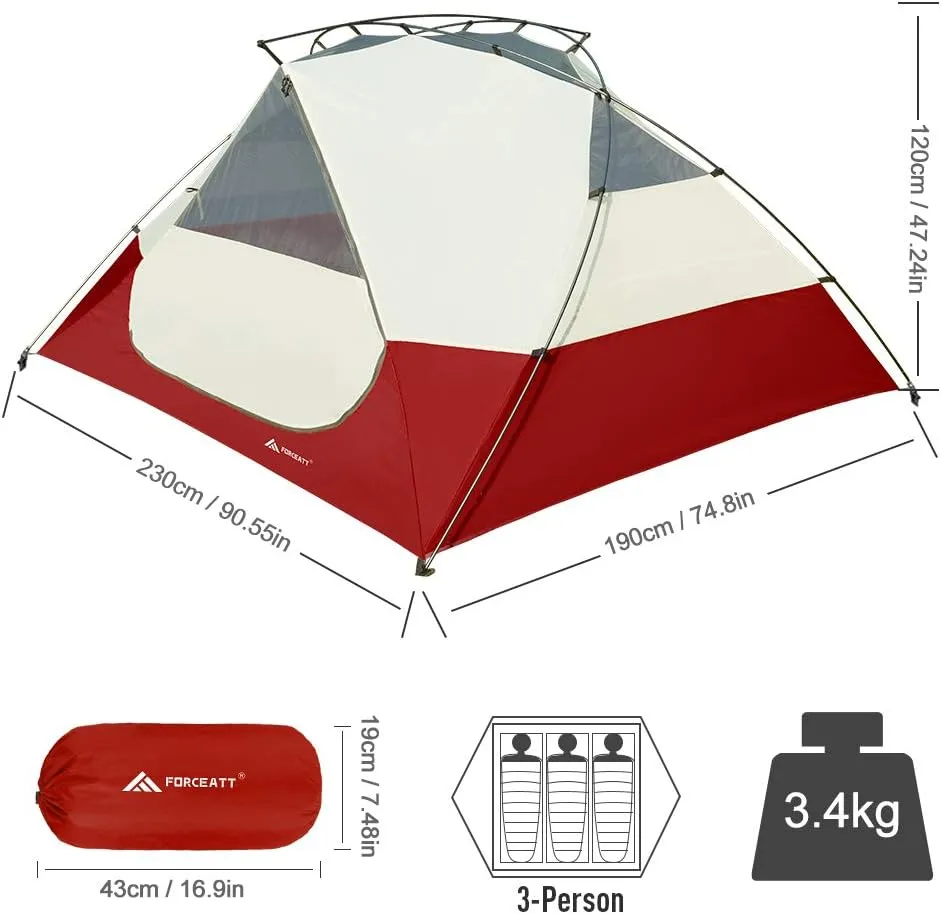 Forceatt Camping Tent for 3 Persons, Backpacking Tent Waterproof & Windproof, Easy Set up 丨 Instant Tent with Rain Fly for Camping, Hiking, Family Trips