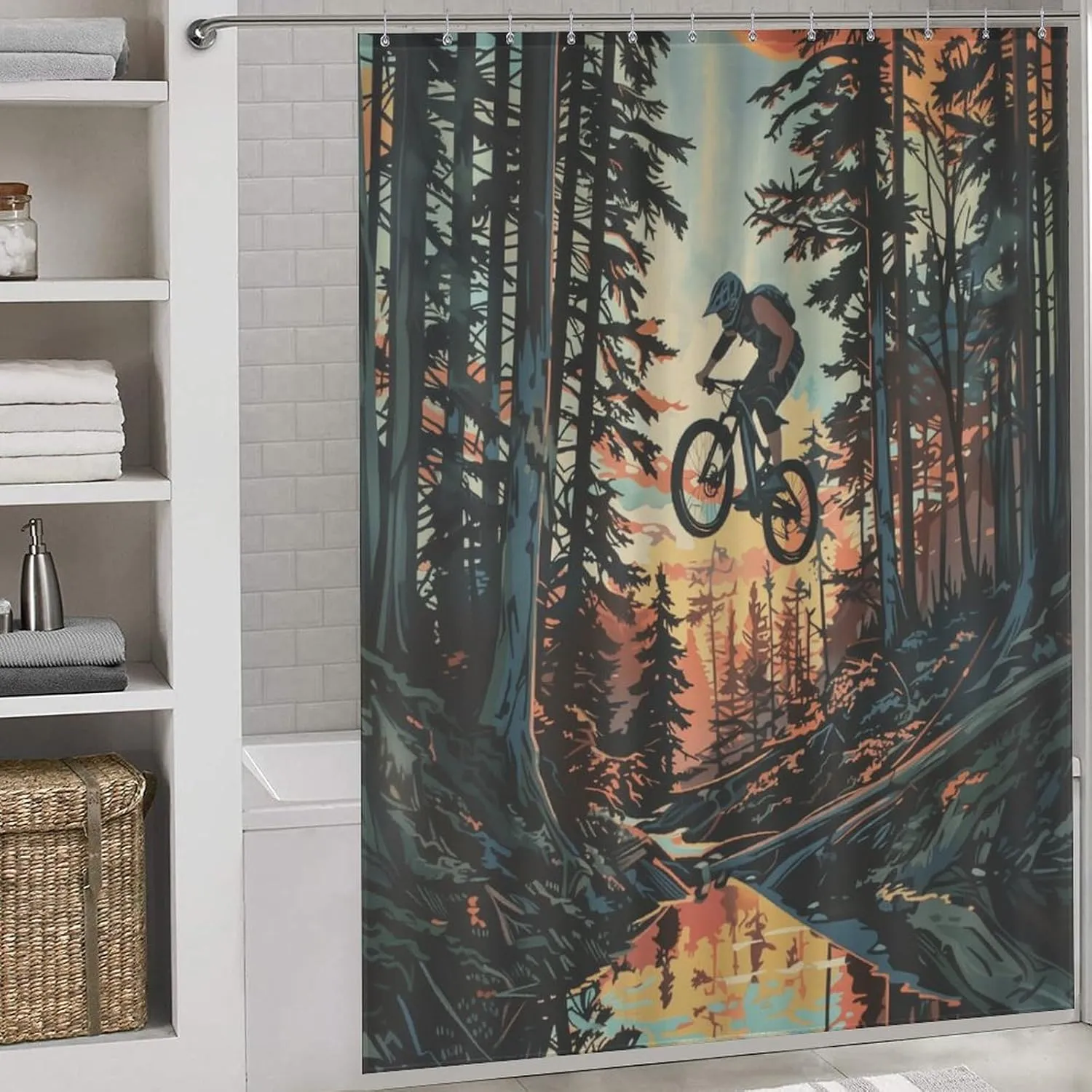 Forest Off-Road Riding Shower Curtain Fabric Shower Curtains Bathroom Waterproof Lightweight 66x72Inch（168x183cm）